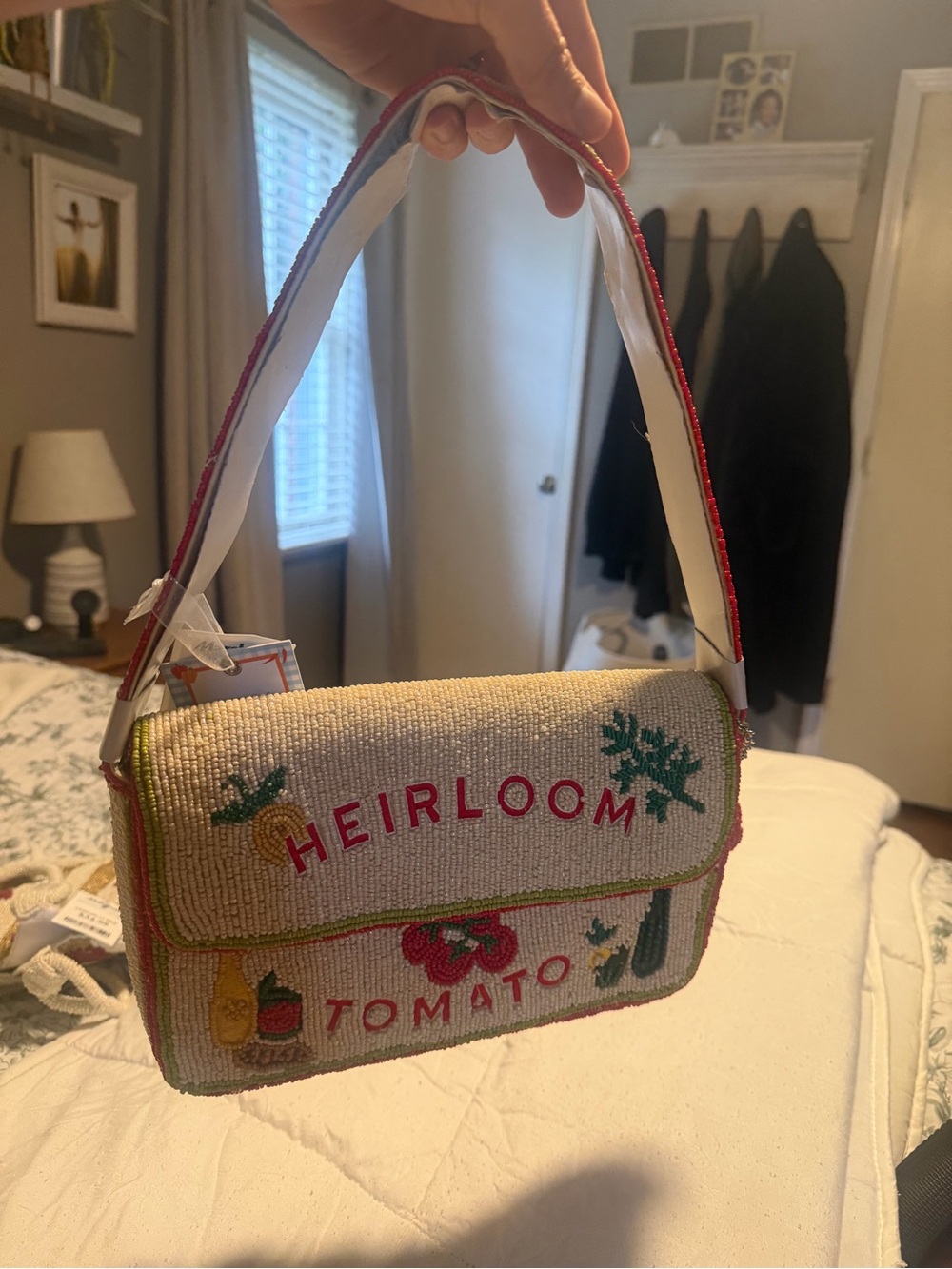 NWT Heirloom Tomato Beaded Shoulder Bag - Cream/Red-Made In India